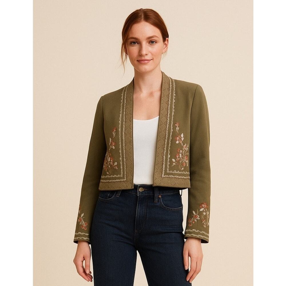 BCBGMAXAZRIA Green Embroidered Cropped Jacket XS Boho Open Blazer Cottage Boho - Picture 1 of 8